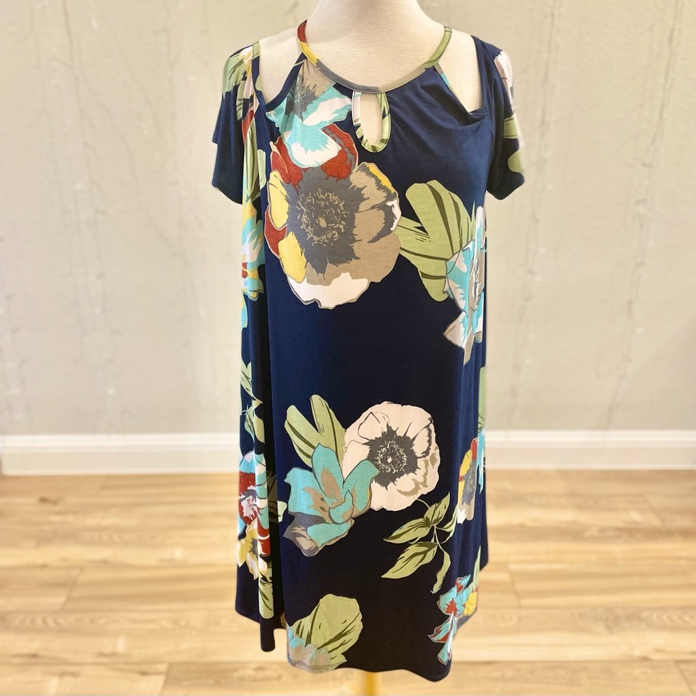 101- Navy Blue Floral Cold Shoulder Plus Size Dress